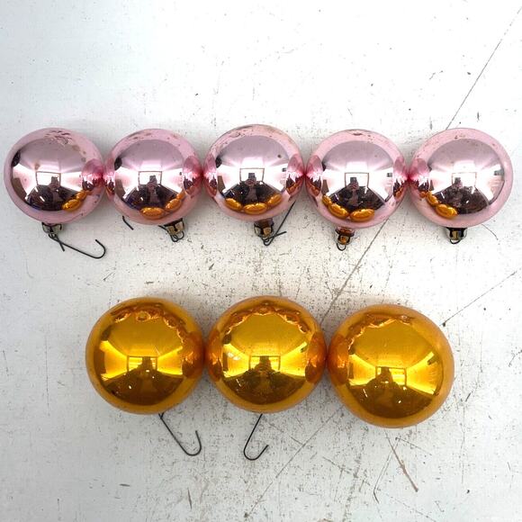Lot Of 8 Poland Mercury Glass Christmas Ornaments 5 Pink 3 Yellow Balls - Picture 2 of 6